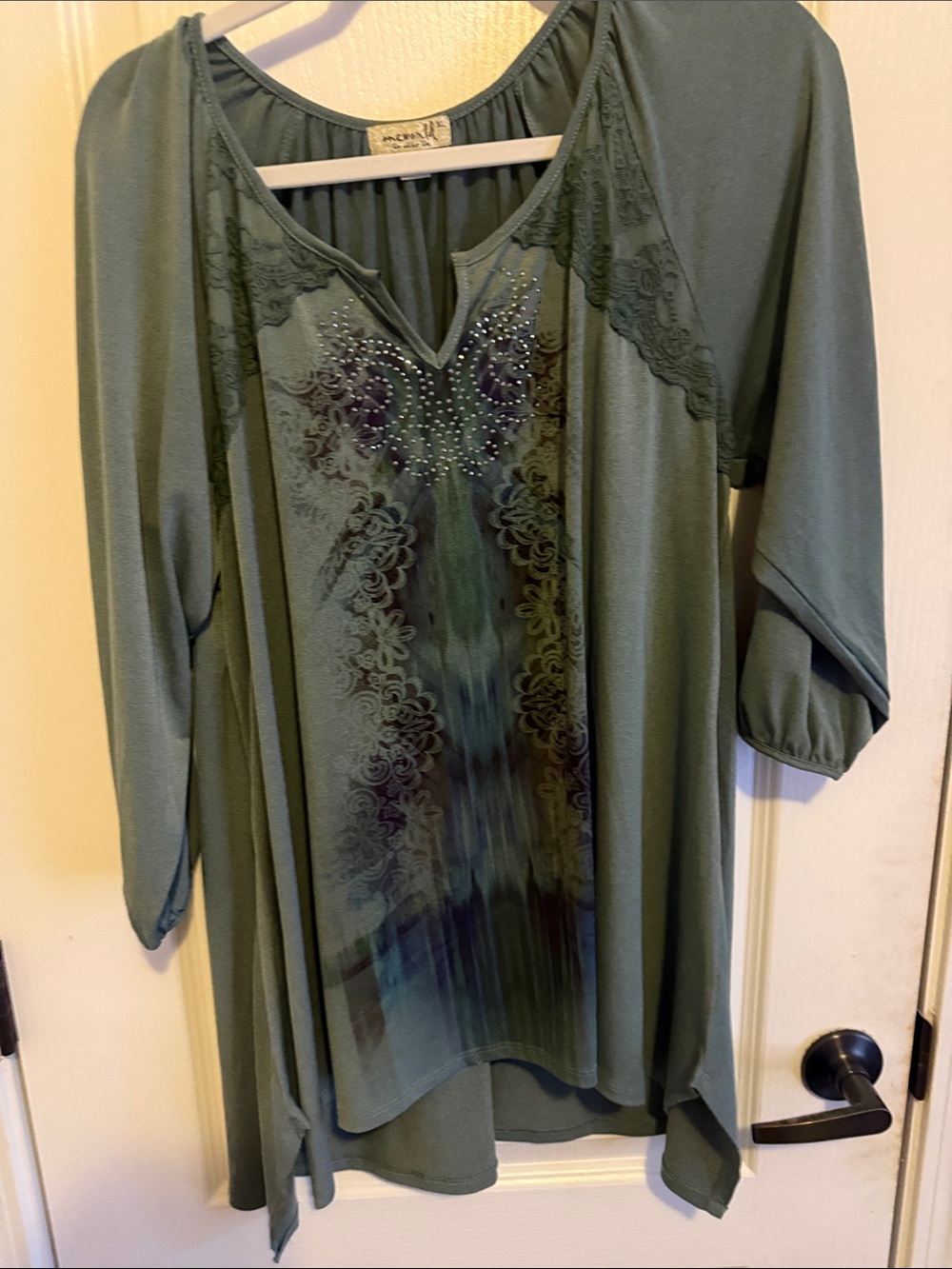 ONE WORLD Olive Green Tunic Top with Embellished Front